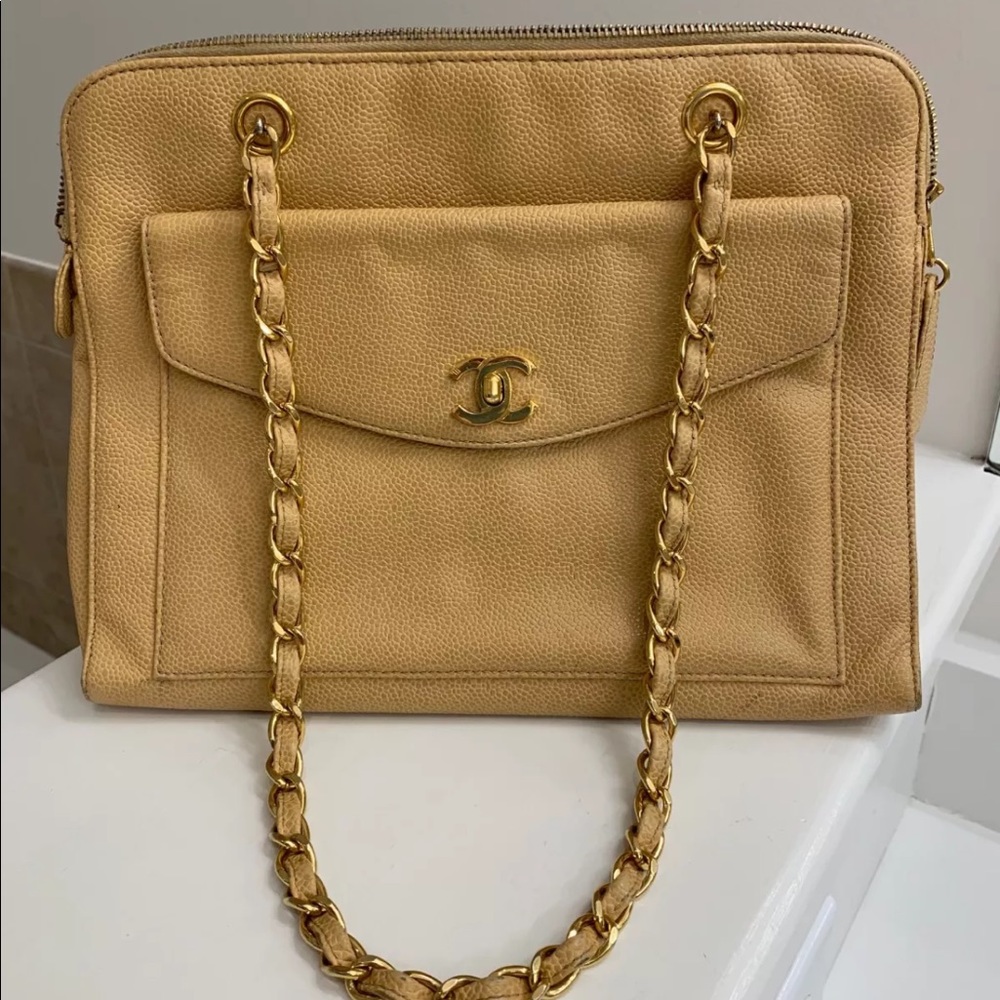 Authentic Chanel Beige Caviar Front Flap Handbag